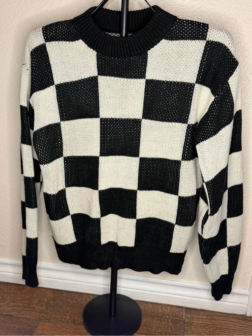 Black and White Checkerboard Knit Sweater